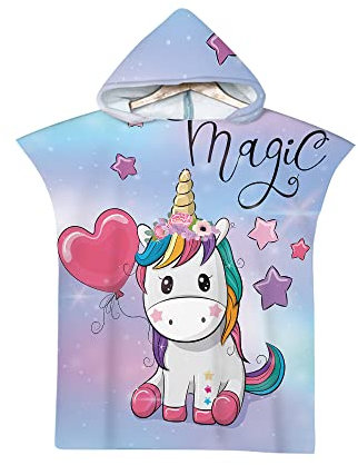 Rowjoy Accappatoio Poncho Bambina,Telo Mare con Cappuccio, Microfibra da bagno 2-6 Anni, per Spiaggia, Doccia, Nuotare, Piscina (Einhorn A)
