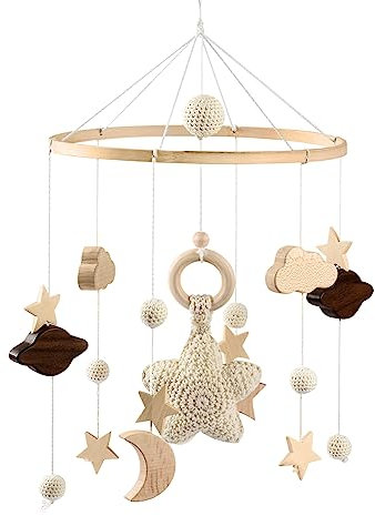 Móvil Cuna Bebe, Móviles para Bebé Carillón de Viento,Madera Móvil para Bebé con Bolas de Fieltro y Nubes, Bebé Móvil Colgante Decoración para Cuna, Cama Infantil para Bebés Niños y Niñas