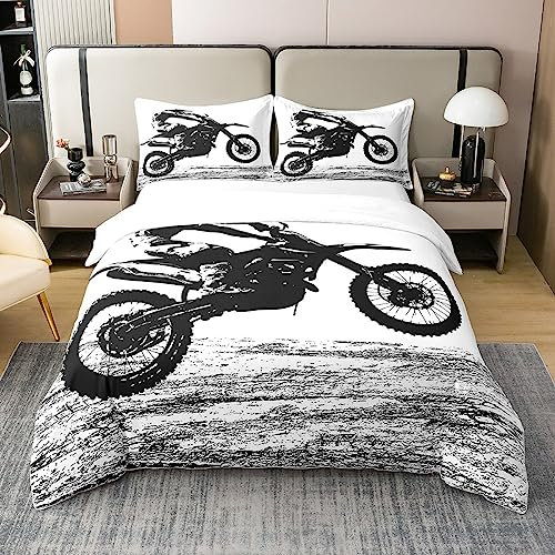 Teens Dirt Bike 100% Baumwolle Bettbezug 155x220,Motocross Rider Tröster Abdeckung für Kinder Erwachsene Männer,Motorrad Extreme Sport Bettwäsche Set,Motorrad Grunge Quilt Cover Schlafzimmer Dekor