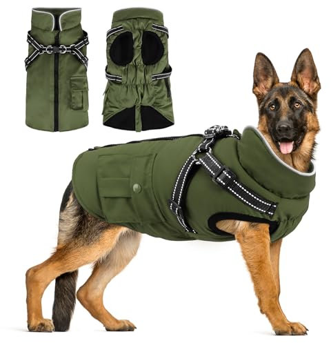 Woiil Große Hunde-Winterjacke, wasserdichter Hundemantel mit Geschirr und Reißverschluss-Design, Grün, XL für Golden Retriever, Labrador und Deutscher Schäferhund