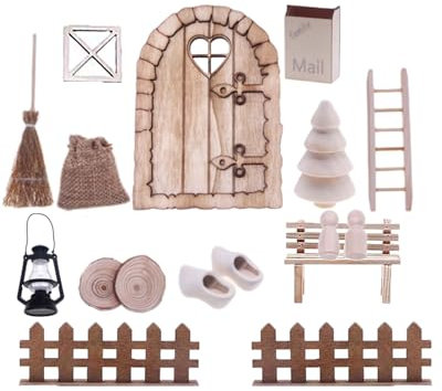 Killogood Set di accessori per porta gnomo, decorazione natalizia, gnomo di Natale, in miniatura, in legno, con colore legno, gnomo, porta, cassetta delle lettere, albero di Natale