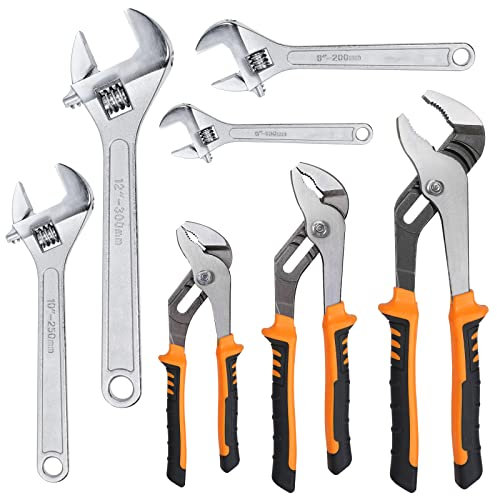 FASTORS 7er-Pack verstellbarer Schraubenschlüssel und Gelenkzangen, Nut- und Federzangen-Set mit verstellbarem Schraubenschlüssel-Set für Reparaturen zu Hause, geschmiedeter Stahl, rutschfest
