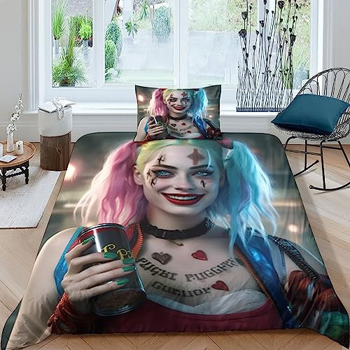 GIOSBR Harley Quinn 3D Gedruckter Clown Girl Bettbezug Set Bettwäschegarnitur Für Kinder Mädchen Jungen Bettwäsche Und Kissenbezüge Weich Microfaser Reissverschluss 2 Teilig Single(135x200cm)