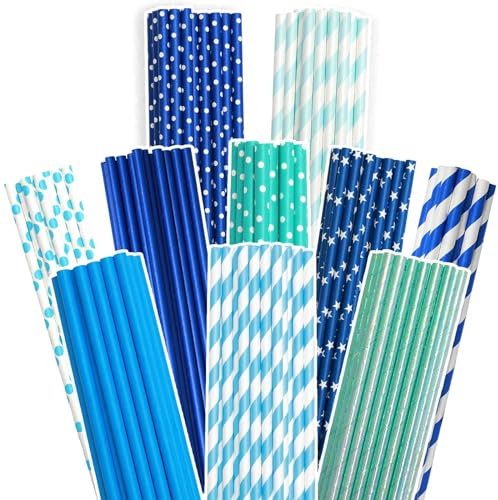 Gcardist Lot de 150 pailles jetables en gros paquet (10 modèles) - Bleues