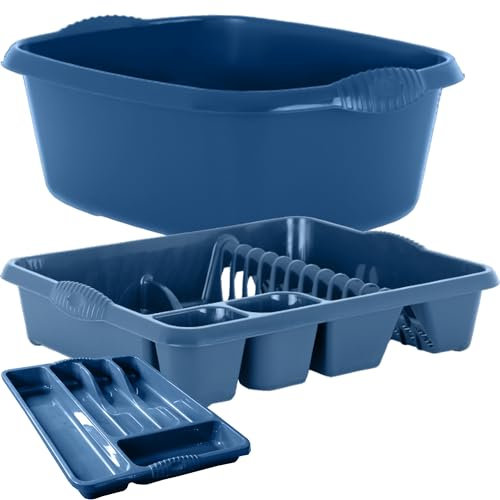 Navy 3 Piece Kitchen Set - Washing Up Bowl, Cutlery Tray, Large Dish Drainer For Home Kitchen - Made in UK