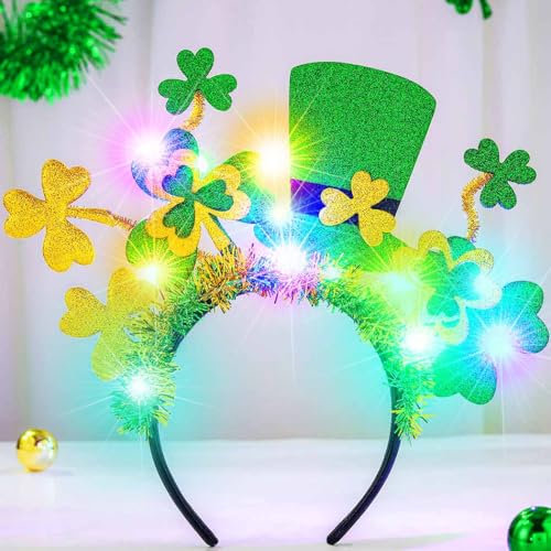 Reaky Leuchtender St. Patricks Day Stirnband, LED, grüner Hut, Stirnbänder, irische Haarbänder, Urlaubs-Haarschmuck für Damen