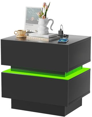 PIPIPOXER Nachttisch LED mit Ladefunktion, Nachttisch Schwarz mit 2 Schubladen, 45x35x47cm, Nachtschrank Schwarz Hochglanz Nachtkommode 2 Schubladen Beistelltisch für Wohnzimmer, Schlafzimmer