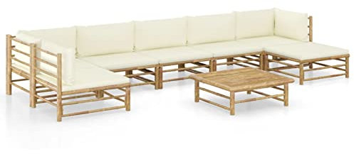 BAZZI 8-TLG Bambus Lounge Gartenmöbel Set - Holz Terrassenmöbel mit Creme Kissen, Garten Sitzgruppe, Balkonlounge und Loungemöbel, Set beinhaltet (2xEckteil+4xMittelteil+Fußstütze+Tisch)