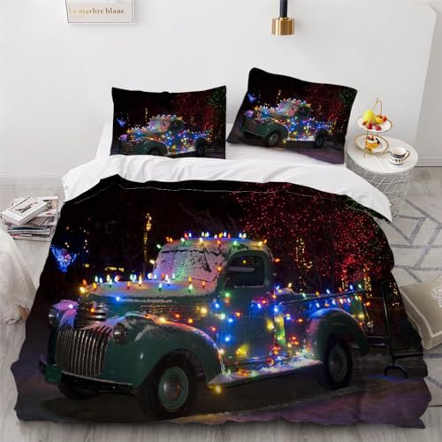 Bettwäsche 200x200 Weihnachtlich Geschmückter Oldtimer 3teilig Bettwäsche-Sets 3D Klassische Autos Weiche Bequem Mikrofaser Bettbezüge mit Reißverschluss und 2 Kissenbezug 80x80cm