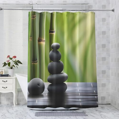Rideau de Douche Zen Bambou - Rideau Douche 100x200 Motif Pierre Spa, Rideau Baignoire Anti Moisissure Imperméable, Rideau Douche Tissu Polyester Lavable, Rideau Salle de Bain avec 12 Crochets