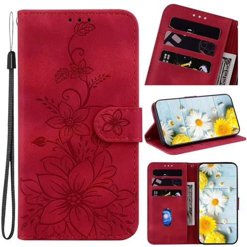 Beajew Handyhülle Kompatibel mit LG K40S Hülle, PU Leder Eleganter Prägung Schutzhülle mit Kartenfach, Flip Case Klappbar Stoßfeste Hülle,Mit Lilienmuster, Rot