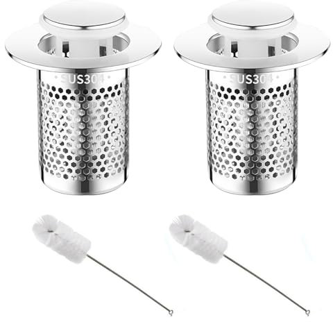 2 Filtro Lavandino Acciaio Inox, 33 × 52 mm Tappo Lavandino Bagno con 2 spazzole per la pulizia, Stile Pop Up Filtro Capelli Doccia per Filtrare Residui e Odori, Per Cucina, Bagno, Balcone