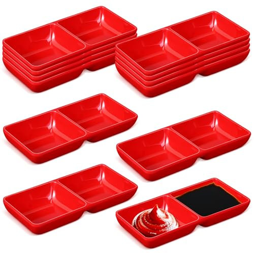 Gejoy 12 Pcs Dual Dipping Sauce Bowls Soy Sauce Dish Bowls, Red