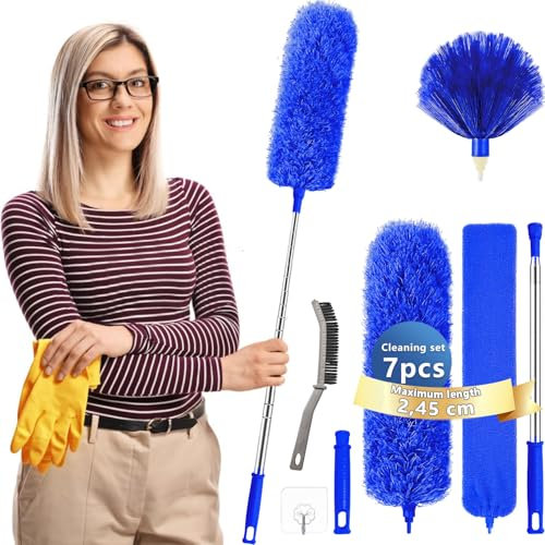 Feather Duster,Dusters For Cleaning Extendable,With30-245cm Pole Telescopic Cobweb Brush Blue7Pcs