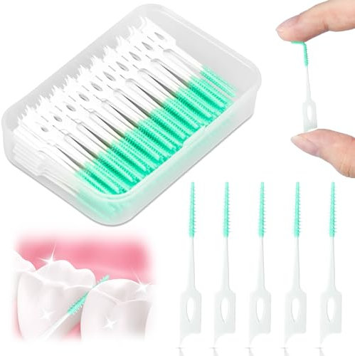 WOHSEROM 200 Pcs Dual-Use Interdental Brushes, Silicone Dental Brushes Tooth Floss Brush Light Green Floss Sticks Dental Brushes Teeth Cleaning Tools for Braces Oral Cleaning