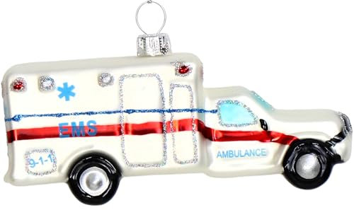 Christbaumschmuck 11,5cm Glas - Krankenwagen Figur zum Aufhängen - handbemalt & mit Glitzer - Weihnachtsbaum Anhänger für Weihnachten - Christbaumanhänger & Weihnachtsbaumschmuck - Fahrzeug Auto Weiß