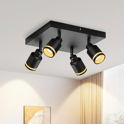 meoaow Deckenstrahler Modern Schwarz Deckenleuchte: 4 Flammig Schwenkbar Küchenlampe Eckig Deckenspots Metall Flurlampe GU10 Deckenlampe Strahler für Büro Schlafzimmer Esszimmer, Ohne Leuchtmittel