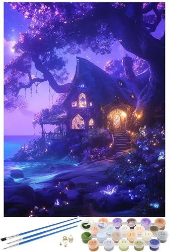 Peinture Numero Adulte cabane dans les arbres, Violet Peinture par Numero Adulte avec Cadre 100x150cm, 5D DIY Paint by Numbers avec Pinceaux et Peintures Acryliques, Decoration Chambre, Cadeau -3610