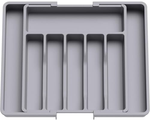 YORKSHIRE HOMEWARE Cutlery Drawer Organiser | Expandable Tray for Kitchen | Adjustable Cutlery Tray | Utensil Drawer for Forks, Knives | Multipurpose Kitchen Storage & Organisation Solution (Grey)
