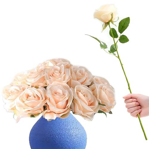 RHQFDM 12 Pièces Roses Artificielles,51cm Artificielles à Longue Tige Roses,Fleurs Artificielles Roses,Fausses Roses pour la Maison,Le Jardin et la Décoration de Mariage(Couleur Champagne Clair)