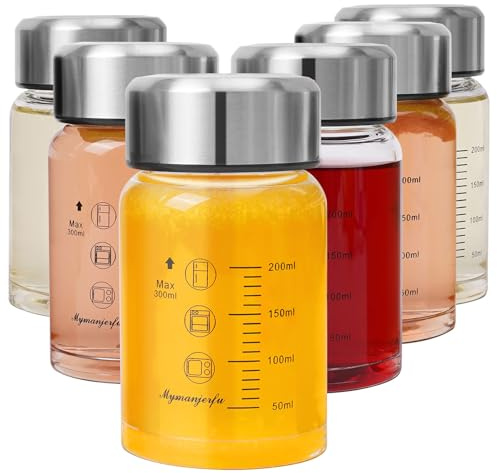 6-Pack Glass Juice Bottles - 300ml/10oz Wide Mouth Borosilicate Glass Bottles with Leakproof Stainless Steel Lids – BPA-Free, Reusable, Dishwasher Safe, Ideal for Juices, Smoothies, Protein Shakes