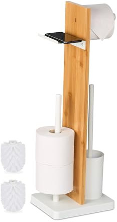 Relaxdays WC Garnitur, Bambus, HBT: 68x27x18 cm, freistehender Klopapierhalter, Ablage, Toilettenbürste, weiß/Natur