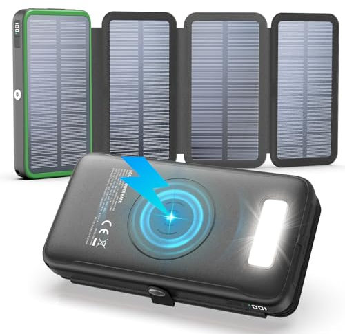 Chargeur Solaire 27000mAh Batterie Externe sans Fil - 22,5W Charge Rapide USB-C Power Bank avec Trois Sorties USB PD 4.0 QC 3.0 et 4 Panneaux Solaires pour Smartphones, Tablettes (Vert)