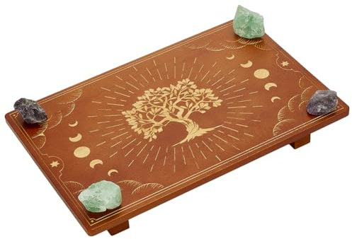 FINGERINSPIRE Altartisch 30x20cm Großer Rechteckiger Kerzenhalter Aus Holz Für Den Wahrsagung Meditationstisch Mit Eingravierter Mondphase Und Lebensbaum Auf Tischplatte Für Spirituelle Meditation