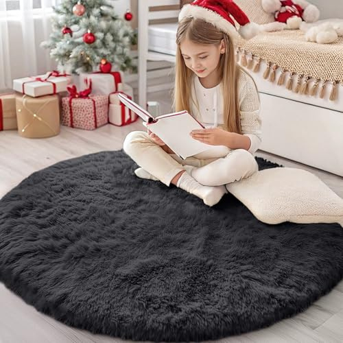 Homaxy Hochflor Waschbar Klein Teppich Wohnzimmer 120 cm Rund, Schwarz | Anti-Rutsch Unterseite Teppiche, Flauschig Teppich fürs Kinderzimmer, Schlafzimmer