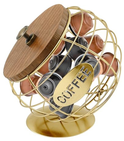 Jokapy Kaffeekapsel Halter, Kapselhalter mit Holzdeckel Kaffeekapsel Organizer Großer Kapazität, Kaffeekapselkorb Aus Metall Kaffee Organizer Aufbewahrung Korb für Kapseln(Gold)