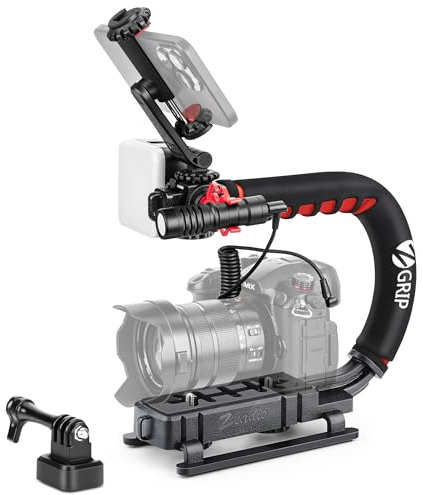 Zeadio Stabilizzatore per fotocamera, stabilizzatore palmare con luce video RGB e microfono, compatibile con tutte le videocamere, fotocamere, DSLR, action camera e tutti gli smartphone