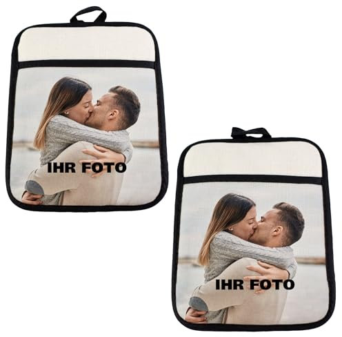Herz & Heim® 2er Set personalisierbare Topflappen mit Foto, Name oder Wunschtext – Silikonrückseite & Grifftasche – Ofenhandschuhe personalisiert mit Aufdruck (Foto)