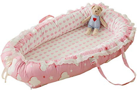 DorkasDE Babynest Kuschelnest Faltbett tragbar Babybett Reisebett (Rosa Regen, one Size)