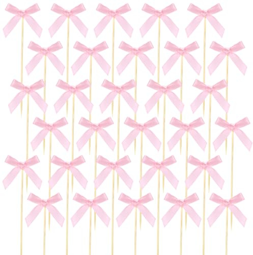 PEOVLVN 24 Pcs Bow Cupcake Toppers, Pink Ribbon Bow Cake Topper Reusable Cupcake Picks Birthday Decorations for Wedding Baby Shower Bachelorette Halloween Christmas Party Supplies
