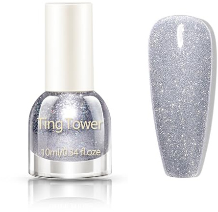 Silver Glitter Nail Varnish, Glitter Nail Polish, Diamond Flash Clear Nail Polish, Air Quick Dry Shimmer Silver Chip Resistant High Gloss Finish, No UV Lamp Required for Beginner Party Girl