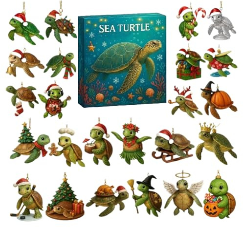 Sea Turtle 2025-2D Ornament, 24 Day Festive Holiday Countdown, entzückende Marine-Themendekoration, Lightweight Glossy Display Keepsake | Weihnachtsdekoration für Kinder Erwachsene Favors