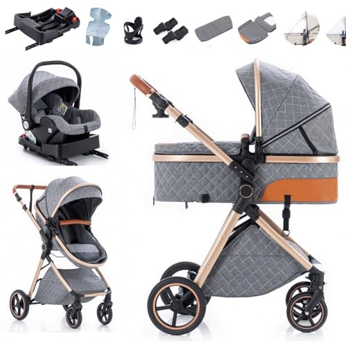Zkiprm 3-in-1 Kinderwagen Reisesystem mit Sitz und Isofix Base | Faltbarer Kinderwagenset | Höhenverstellbarer Griff | inkl. Regenschutz, Fußsack, kühlende Einlage, Getränkehalter & mehr