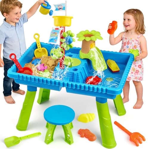 KNASON Wasserspieltisch Kinder Outdoor,2 IN 1 Kinder Sand und Wasserspieltisch mit 37 Teilen Wassertisch Zubehör,Großer Activity Sensory Table Spielzeug auf Hinterhof Strand Sommer für Kinder 3 4 5 8
