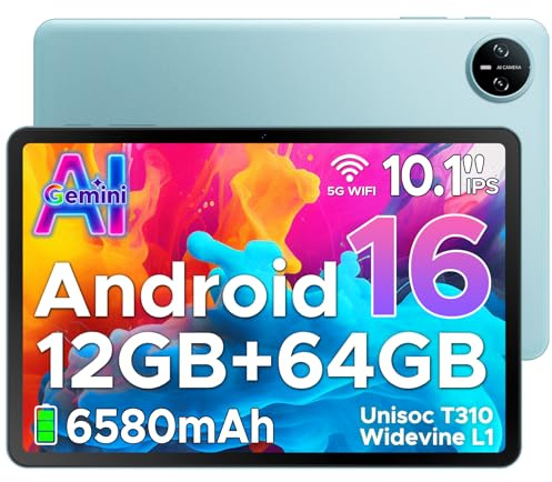 Tab A9 Android 16 Tablet With Gemini AI 10 Inch 2026, Unisoc T310&12GB+64GB/ 2TB TF, 6580 mAh Battery, Android Tablets, WiFi 2.4G/5G| Dual Speaker| AI Camera| Type-C| GMS|BT| Face ID| 3.5mm Jack