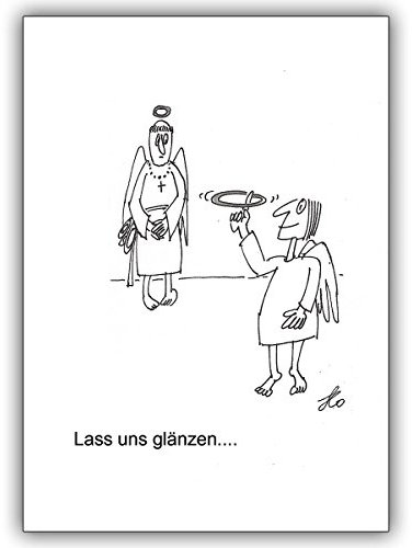 Kartenkaufrausch 4 Spruchkarten Humor Grusskarte mit Engel, der seinen Heiligenschein poliert: Lass uns glänzen • 1a Grusskarten Set mit Umschlägen zu 1001 Anlass