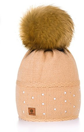MFAZ Morefaz Ltd Wurm Winter Strickmütze Mütze Damen Kristalle Kiesel mit Große Bommel Pompon SKI Beige