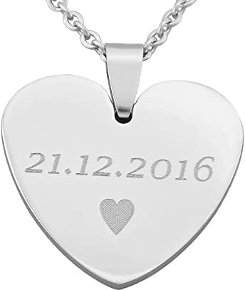 Hanessa Personalisierte Kette mit Gravur Edelstahl 50 cm mit Anhänger Herz in silber - Personalisierte Halskette für Männer und Frauen - Personalisierter Schmuck Damen Herren
