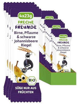 FRECHE FREUNDE Bio Frucht-Riegel Birne, Pflaume & schwarze Johannisbeere, Kindersnack ab 1 Jahr, ohne Zuckerzusatz, vegan, 6er Pack, 6 x (4 x 23g)