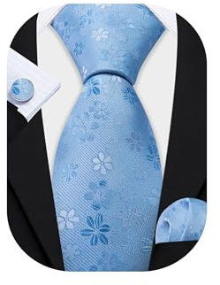 Barry.Wang Paisley Herren-Krawatten-Set, Seide, Einstecktuch, Manschettenknöpfe, formelle Hochzeit, Party, Business, Babyblau, einfarbig, Einheitsgröße