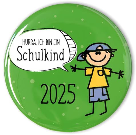 stylebutton® Button Anstecker Schulkinder 2025 Geschenk zum Schulanfang/Einschulung 56 mm (#6 Hurra Junge grün)