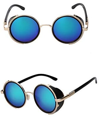 MCalle Sonnenbrille Steampunk Vintage Retro Hippie Runde Brille (Blau/Gold)