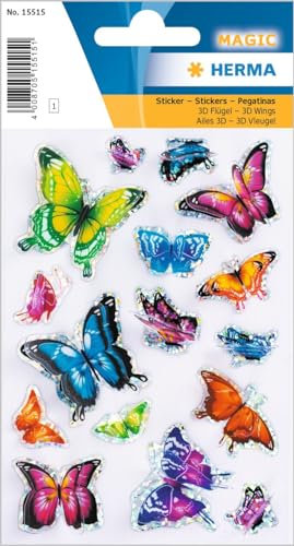 HERMA 15515 Aufkleber Schmetterlinge Glitzer klein, 16 Stück, Schmetterling Sticker mit 3D Flügel, Butterfly Etiketten für Fotoalbum Tagebuch Poesiealbum Scrapbooking Dekoration Briefe DIY Basteln