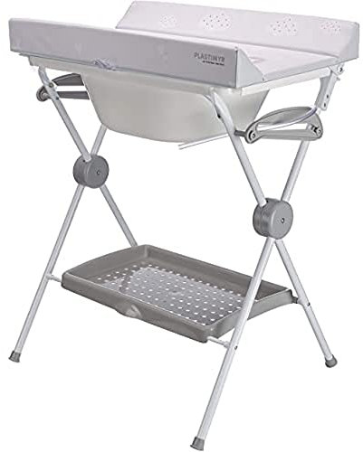 PLASTIMYR Bañera Cambiador Bebe Plegable LEA - Cambiador con Bandeja Organizadora y Patas Antideslizantes – Bañera Plegable Bebé Viaje Seguro y Compacto - Safari Gris