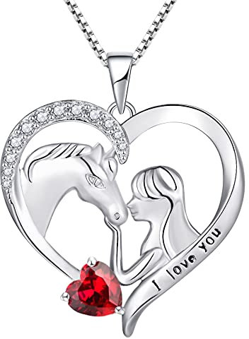 YL Collana di Cavallo in Argento 925 con Luglio Pietra Portafortuna Rubino Gioielli Cuore Ciondolo a Forma di Cavallo per Donna Fidanzata