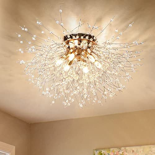 KMaiPem Modern Kristall Deckenlampe Wohnzimmer, 6 Lichter Dimmbarer Gold Feuerwerk Deckenleuchte, Sputnik Kristall Kronleuchter für Schlafzimmer, Esszimmer, Flur